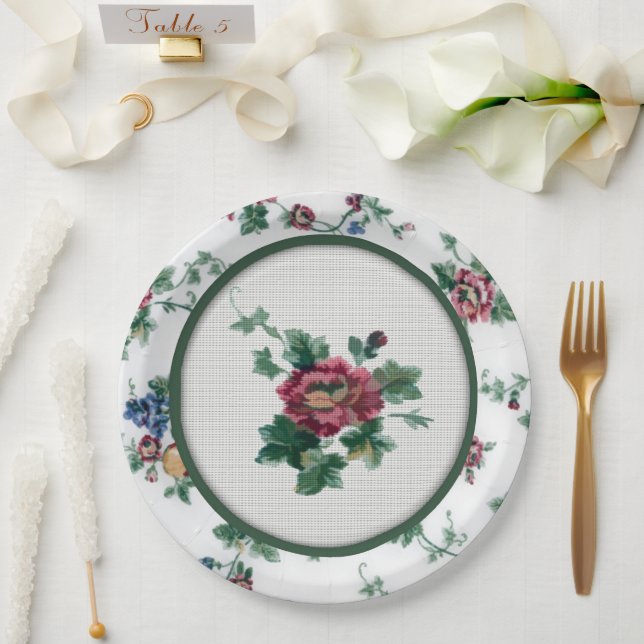 Plato de papel de punto de cruz falso Rosa (Boda)