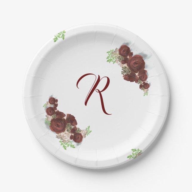 Plato de papel de rosas borgoña con monograma eleg (Anverso)