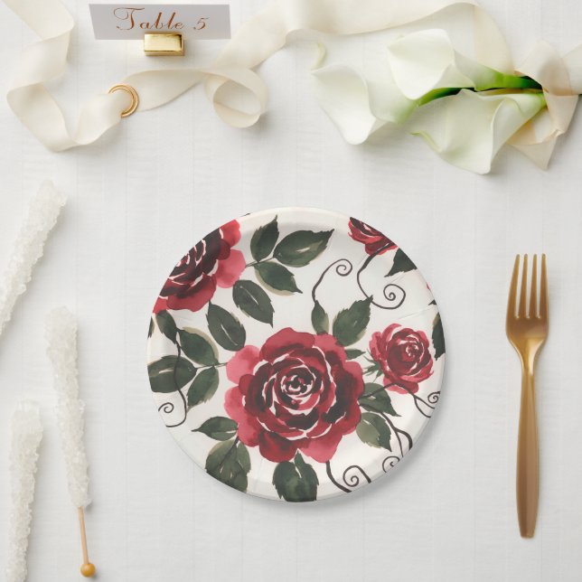 Plato de papel de rosas rojas oscuras (Boda)