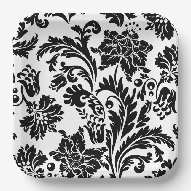 Plato de papel de seda damasco negro y blanco para (Anverso)