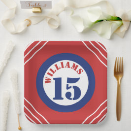 Plato de papel de tema deportivo rojo y azul