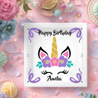 Plato de papel de unicornio personalizado de feliz