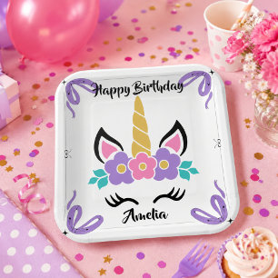 Plato de papel de unicornio personalizado de feliz