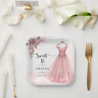 Plato de Papel de Vestido Floral Dusty Pink Sweet 