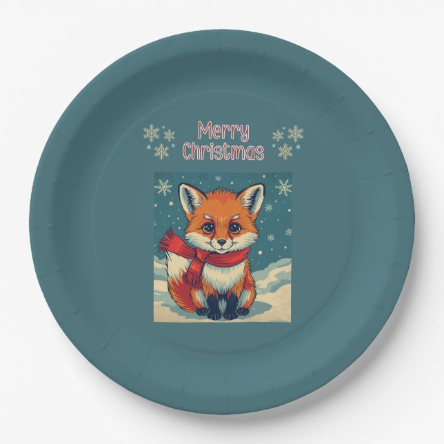 Plato de papel de zorro de Navidad acogedor (Anverso)