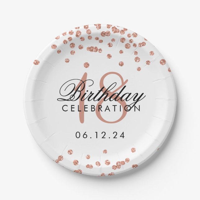 Plato De Papel décimo octavo Blanco subió cumpleaños del confeti (Anverso)