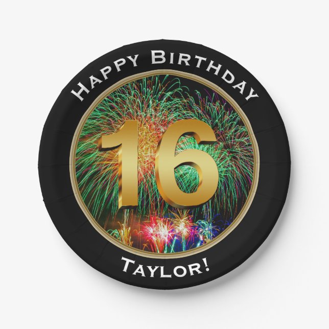Plato De Papel Décimosexto cumpleaños de los fuegos artificiales (Anverso)