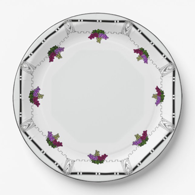 Plato De Papel Deco de arte blanco - negro, plata, violeta borde  (Anverso)