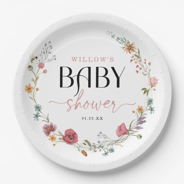 Plato De Papel Decoración Baby Shower de Wildflower Field Boho (Anverso)