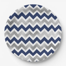 Plato De Papel Decoración de ducha de bebé de Navy Silver Chevron