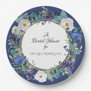 Plato De Papel Decoración de ducha de novia acuarela azul amapola