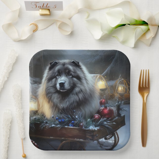 Plato De Papel Decoración de los Navidades Keeshond Snowy Sleigh (Boda)