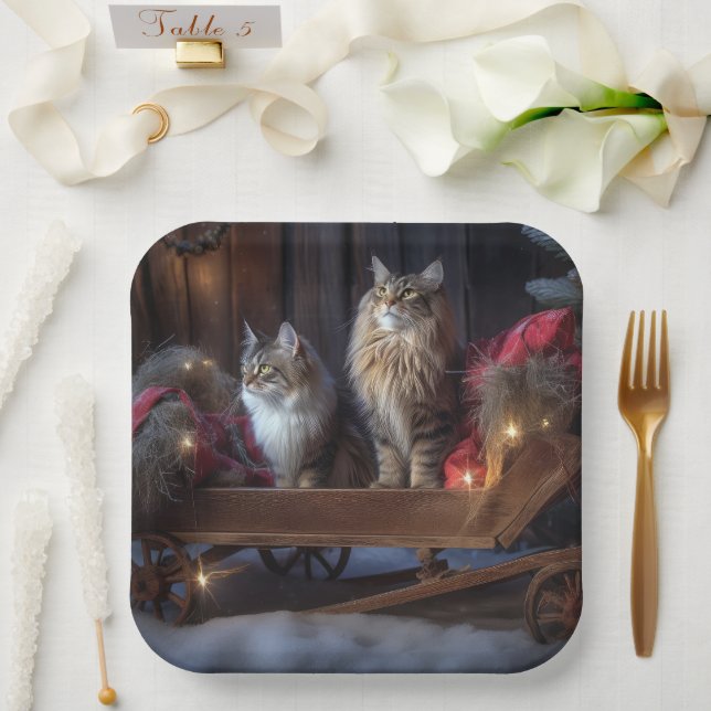 Plato De Papel Decoración de los Navidades Maine Coon Snowy Sleig (Boda)