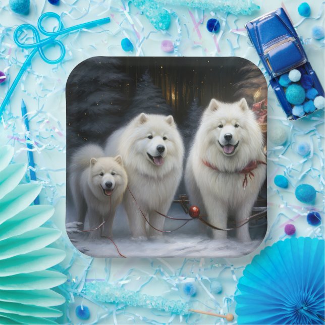 Plato De Papel Decoración de los Navidades Samoyed Snowy Sleigh (Fiesta)