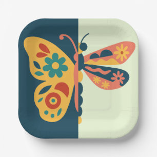 Plato De Papel Decoración de mariposa colorida con elementos flor