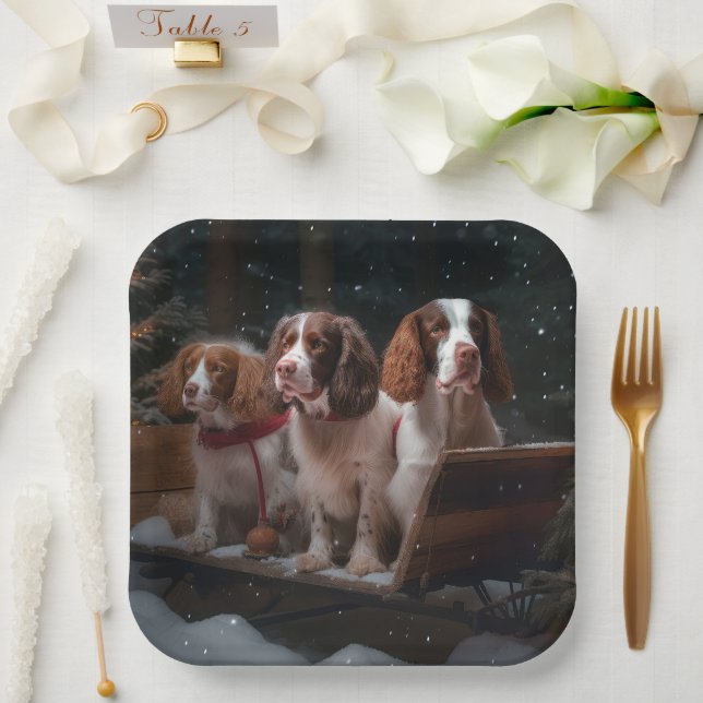 Plato De Papel Decoración de Navidades Brittany Spaniel Snowy Sle (Boda)