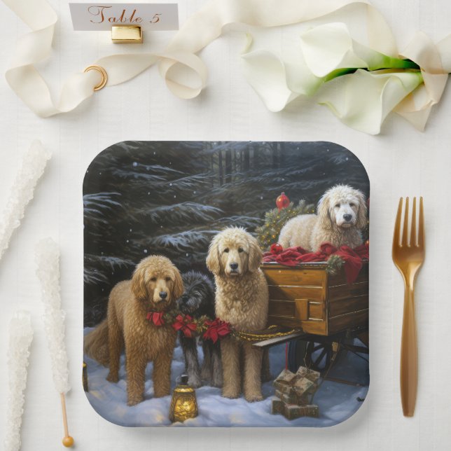 Plato De Papel Decoración de Navidades Goldendoodle Snowy Sleigh (Boda)