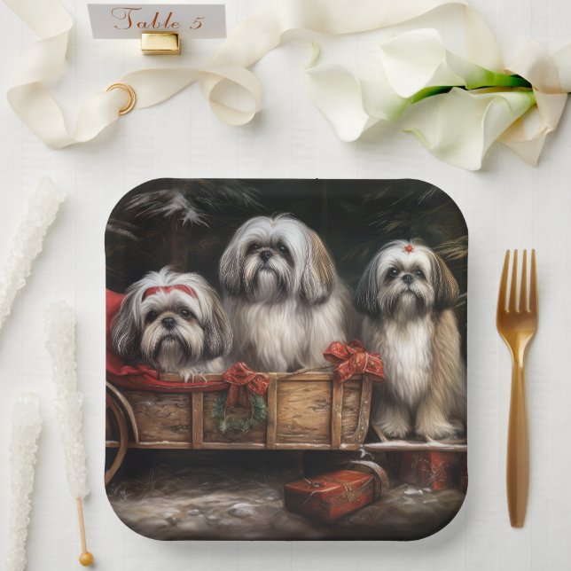 Plato De Papel Decoración de Navidades Lhasa Apso Snowy Sleigh (Boda)