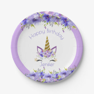 Plato De Papel Decoraciones de cumpleaños de Unicornio violeta fr