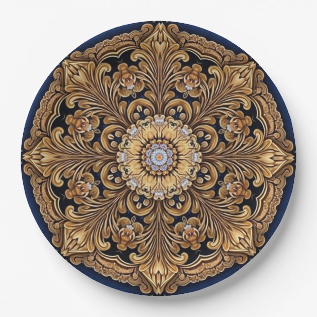 Plato de papel decorativo azul dorado (Anverso)