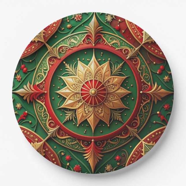 Plato de Papel Decorativo Navideño Verde Rojo (Anverso)