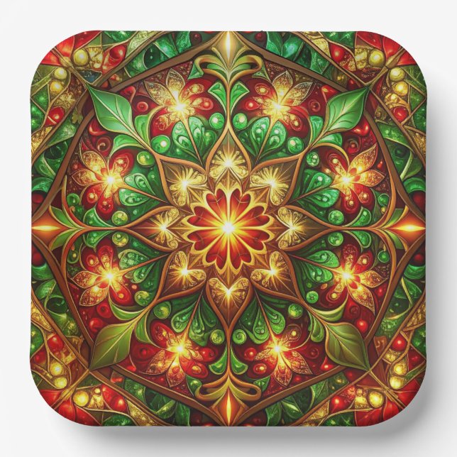 Plato de Papel Decorativo Navideño Verde Rojo (Anverso)