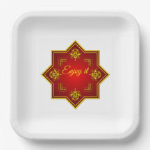 Plato de papel decorativo rojo dorado Disfrútalo
