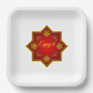 Plato de papel decorativo rojo dorado Disfrútalo