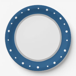 Plato De Papel Deep Azure Blue Geometric White Polka Dots