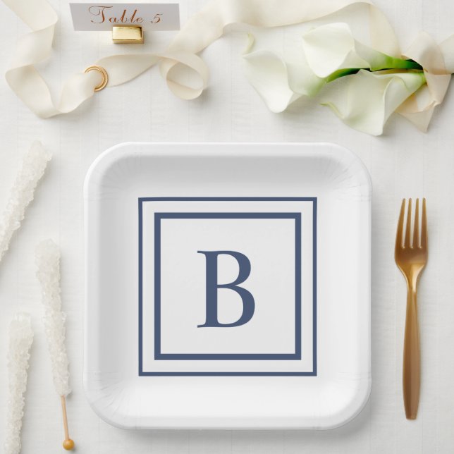 Plato De Papel Deep Navy And White Square Border Monogram  (Boda)
