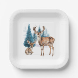 Plato De Papel Deer and doe with snowy pine tree