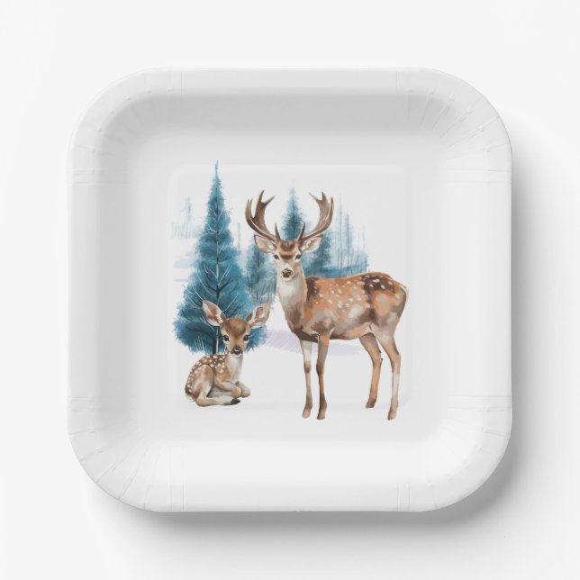 Plato De Papel Deer and doe with snowy pine tree (Anverso)
