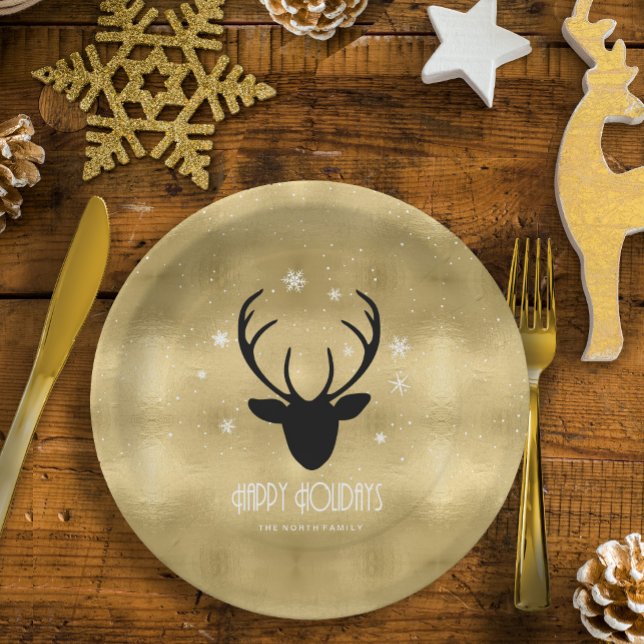 Plato De Papel Deer Antlers Silhouette & Snowflakes Gold ID861 (Subido por el creador)