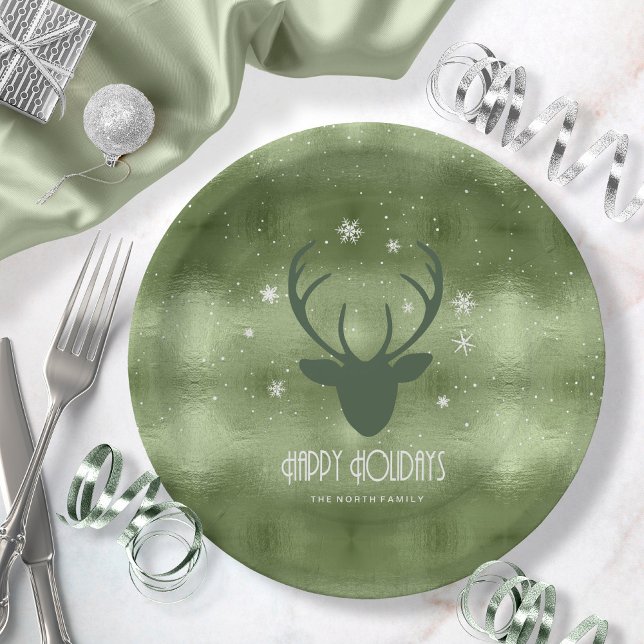 Plato De Papel Deer Antlers Silhouette & Snowflakes Green ID861 (Subido por el creador)