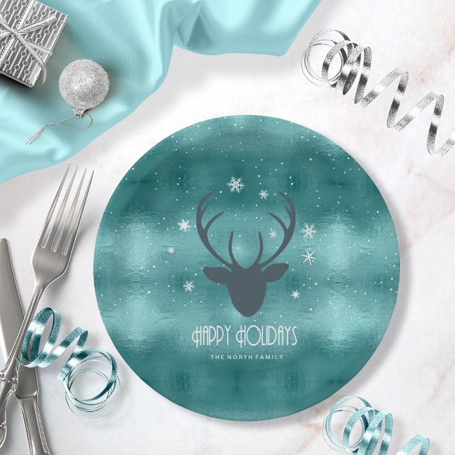 Plato De Papel Deer Antlers Silhouette & Snowflakes Teal ID861  (Subido por el creador)