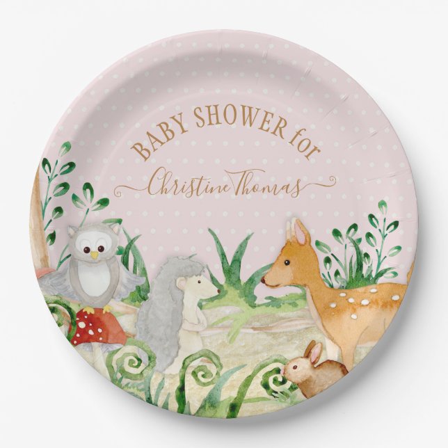 Plato De Papel Deer Hedgehog Woodland Creations Baby Girl Shower (Anverso)