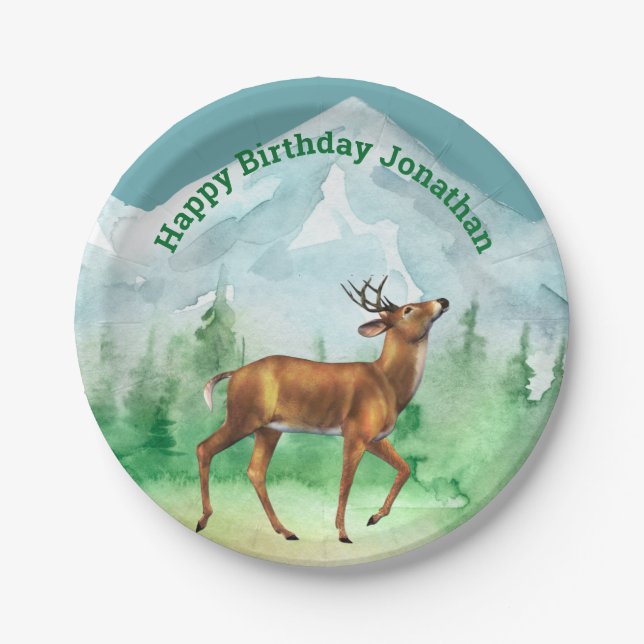 Plato De Papel Deer Hunter Birthday Woodland (Anverso)