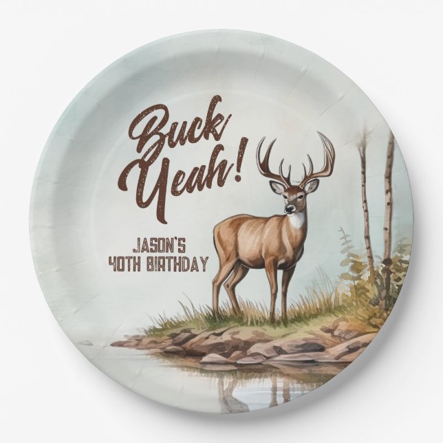 Plato De Papel Deer Hunting Buck Yeah 40th Birthday (Anverso)
