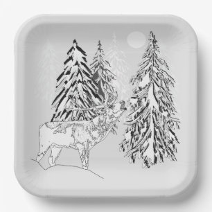 Plato De Papel Deer, invierno, bosque, árboles de Navidad, monocr