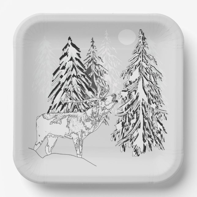 Plato De Papel Deer, invierno, bosque, árboles de Navidad, monocr (Anverso)
