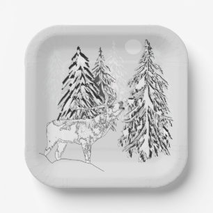 Plato De Papel Deer, invierno, bosque, árboles de Navidad, monocr