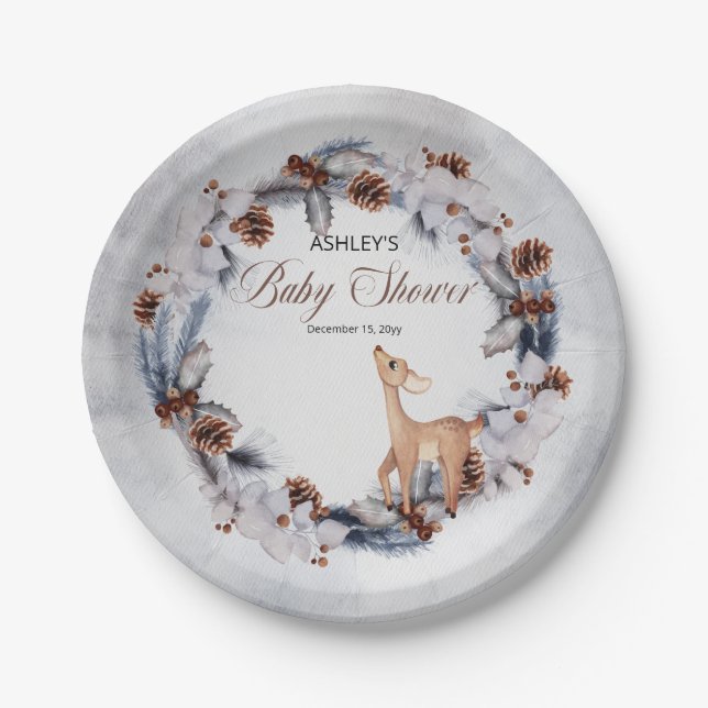 Plato De Papel Deer Rustic Winter Floral Baby Shower Paper Plate (Anverso)