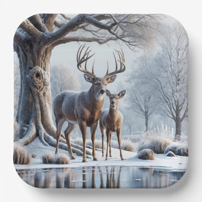 Plato De Papel Deer Standing By Icy Pond (Anverso)