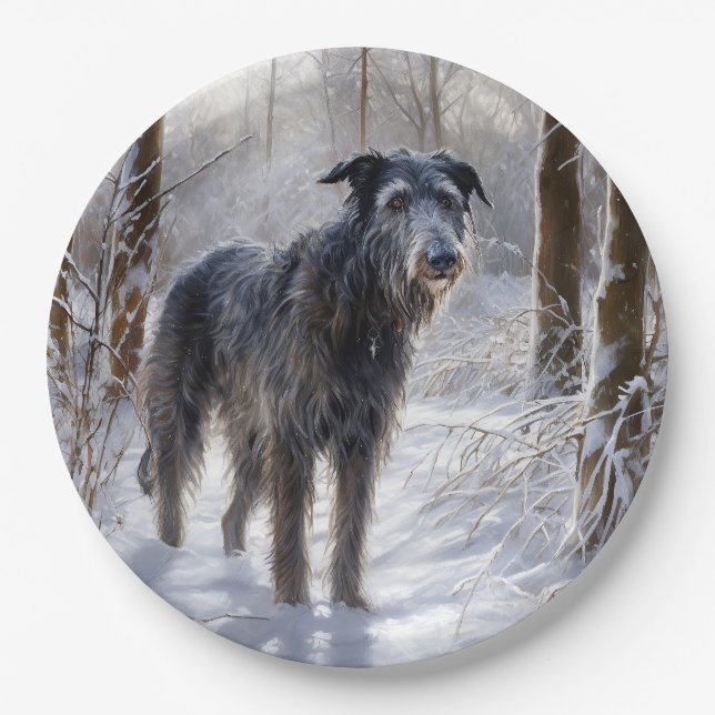 Plato De Papel Deerhound escocés deja que nieve Navidades (Anverso)
