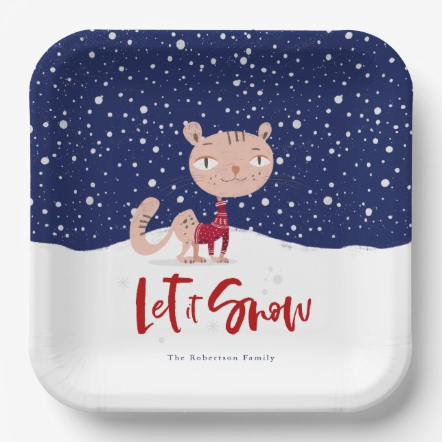 Plato De Papel Déjenla nieve - Gato lindo en suéter invernal (Anverso)
