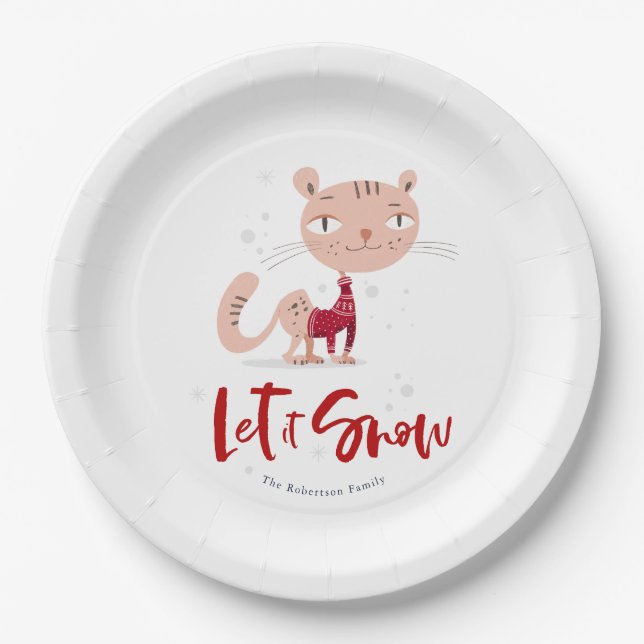 Plato De Papel Déjenla nieve - Gato lindo en suéter invernal (Anverso)
