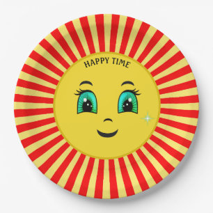 Plato de papel del sol naciente lindo cara feliz y