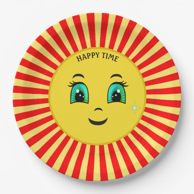 Plato de papel del sol naciente lindo cara feliz y (Anverso)