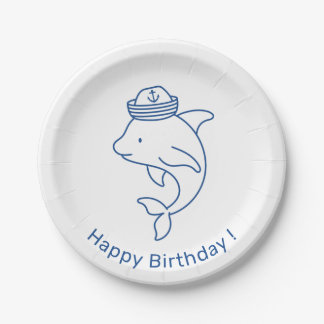 Plato De Papel Delfín con Gorro de Marinero, Feliz Cumpleaños