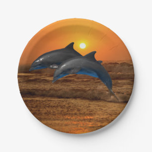 Plato De Papel Delfín de Bottlenose en la puesta del sol
